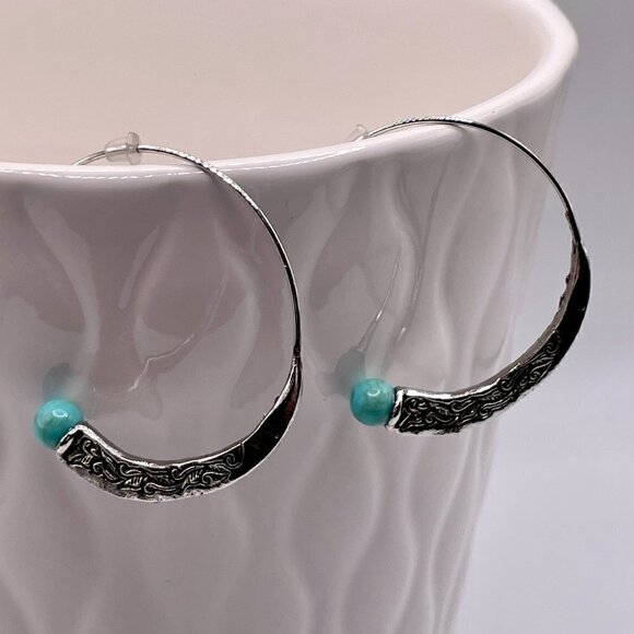 Large Silver Tone Feather Spiral Earrings in Turquoise Blue #1314 - Picture 7 of 8